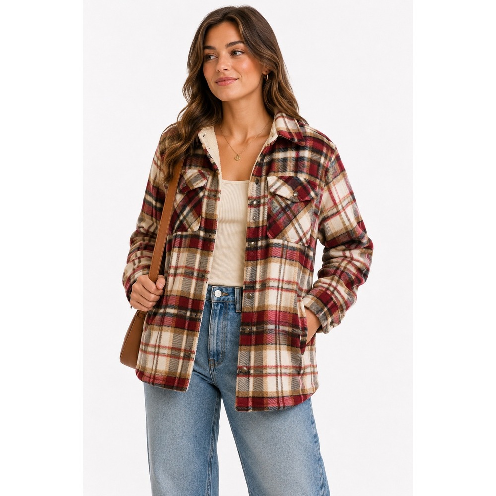 Plaid Sherpa Lined Fleece Shacket Jacket M Red Tan Cabincore Rustic Workwear